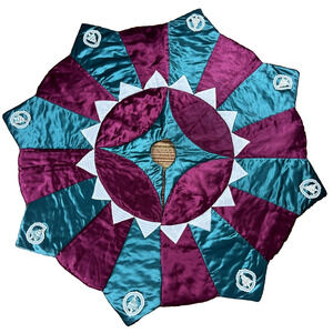 Handmade Satin Christmas Tree Skirt Red Green Crochet Trees Puffy Quilted ~ 48"